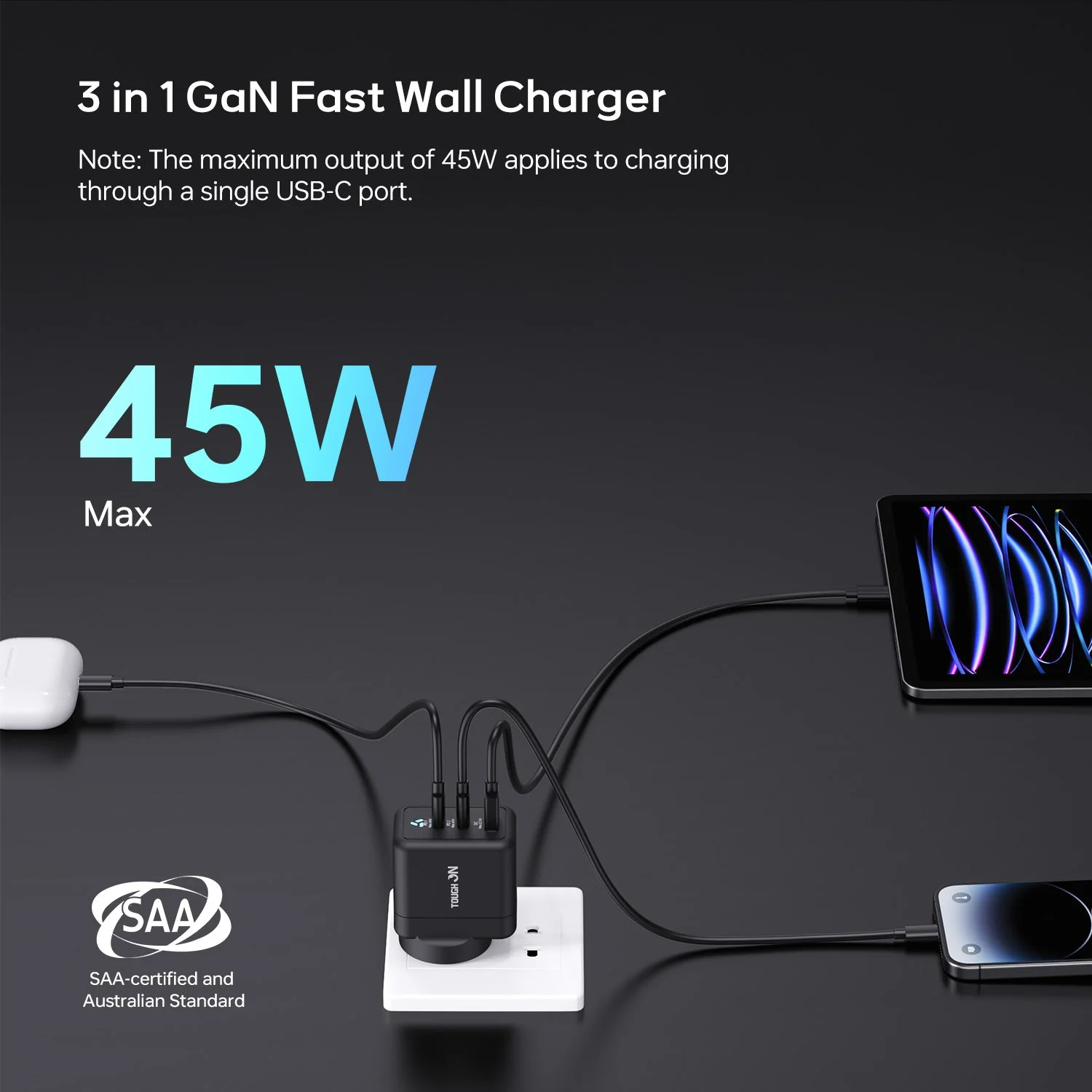 2 Pack Tough on 45W 3 Port PD & QC 3.0 Wall Charger - Image 2