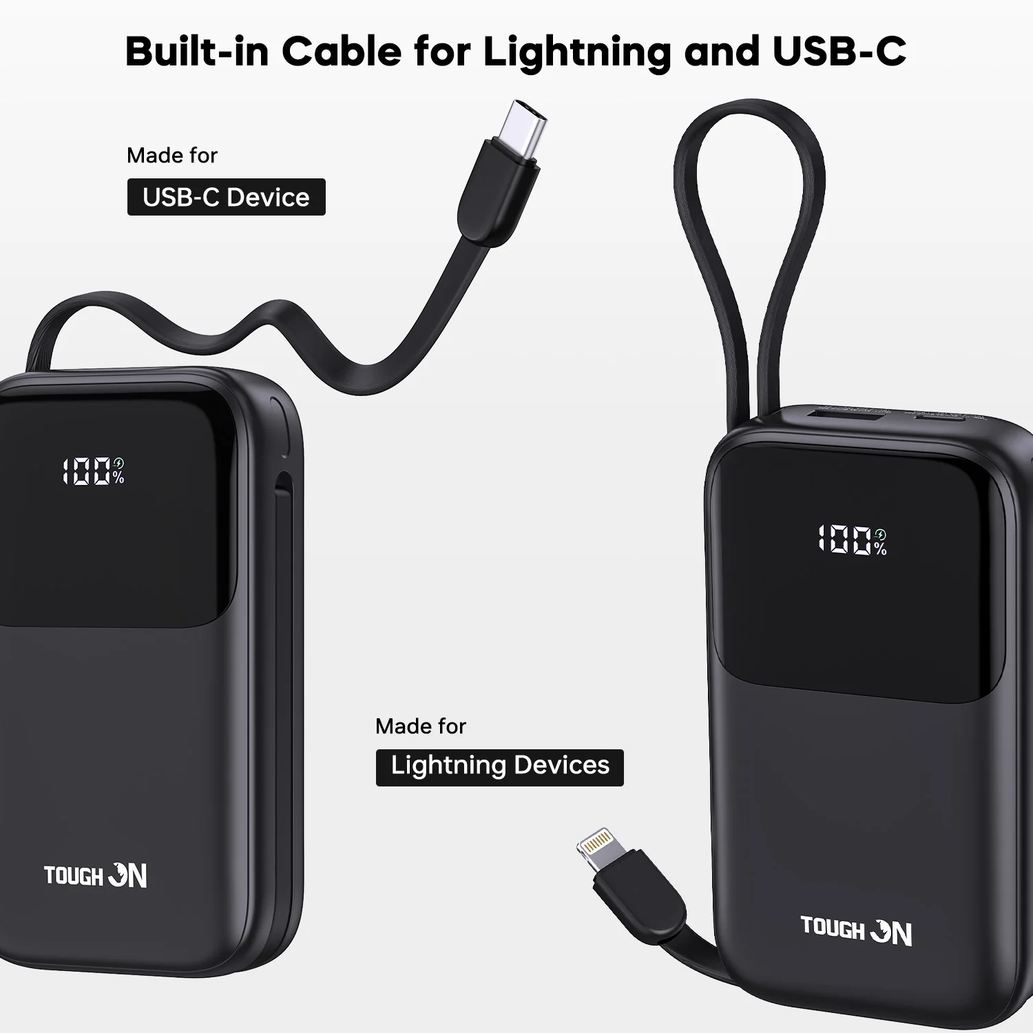 Tough On 20W 10000mAh Power Bank with Built-In Lightning and USB-C Cables - Image 3
