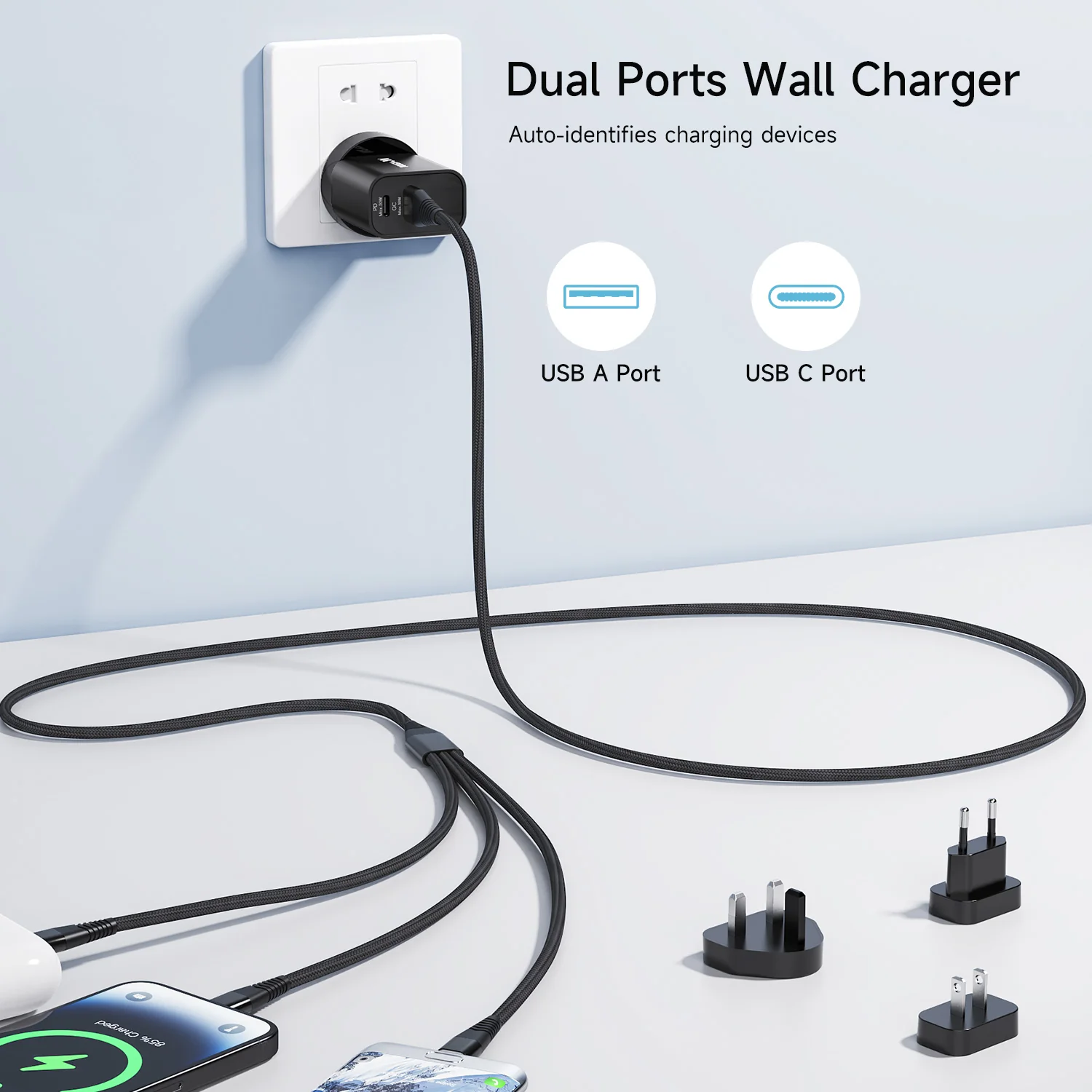 Tough On 30W Dual Port Universal Travel Fast Wall Charger with 3 in 1 Charging Cable - Image 2