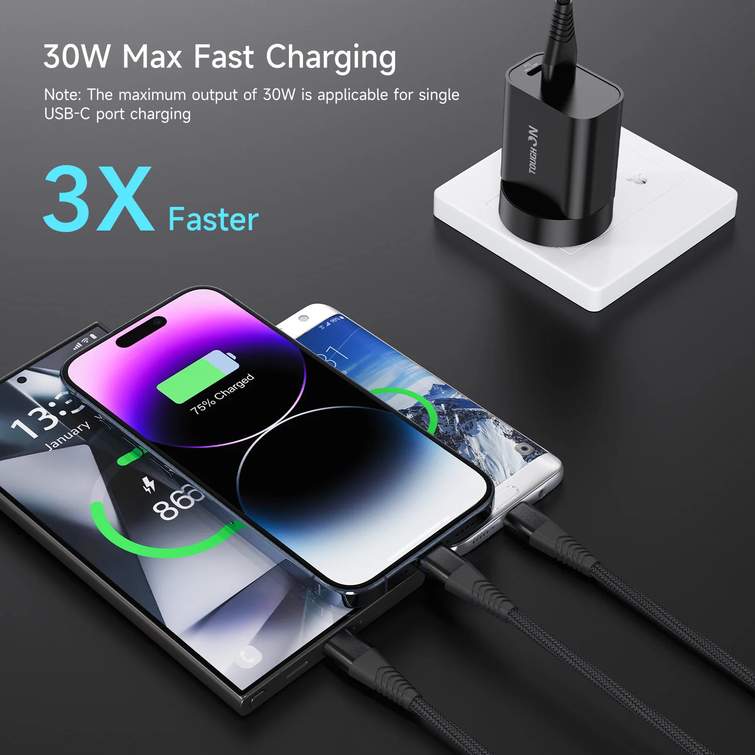 Tough On 30W Dual Port Universal Travel Fast Wall Charger with 3 in 1 Charging Cable - Image 3