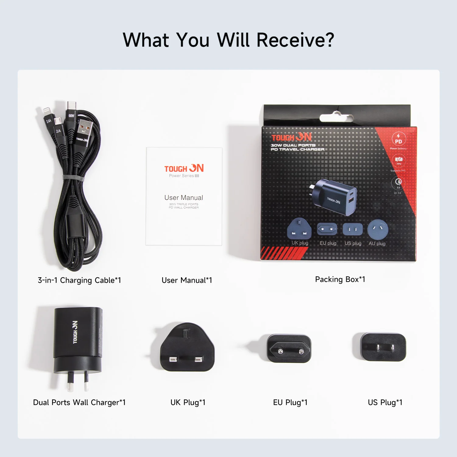 Tough On 30W Dual Port Universal Travel Fast Wall Charger with 3 in 1 Charging Cable - Image 6