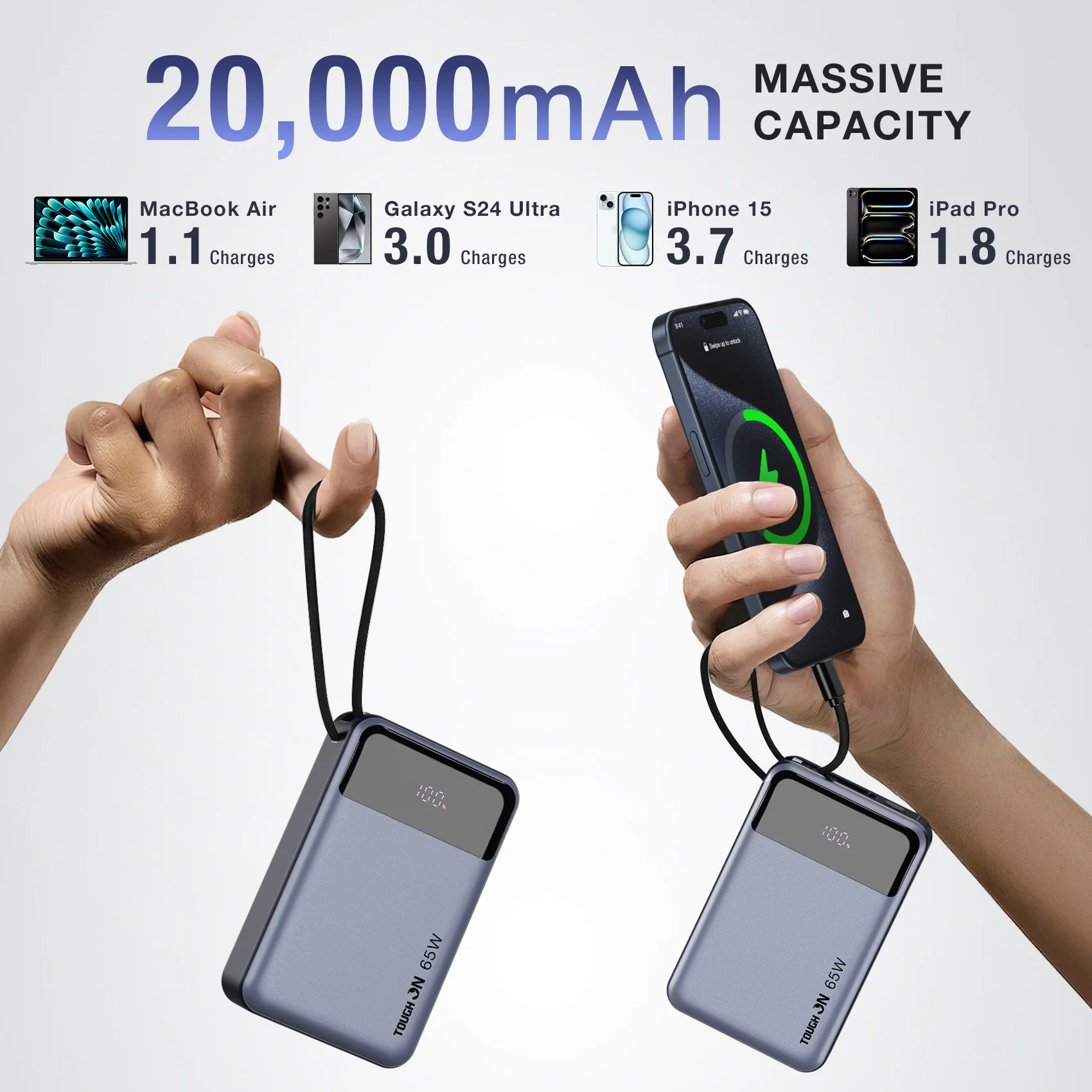 Tough On 65W 20000mAh Power Bank Built-in USB-C Cable - Image 11