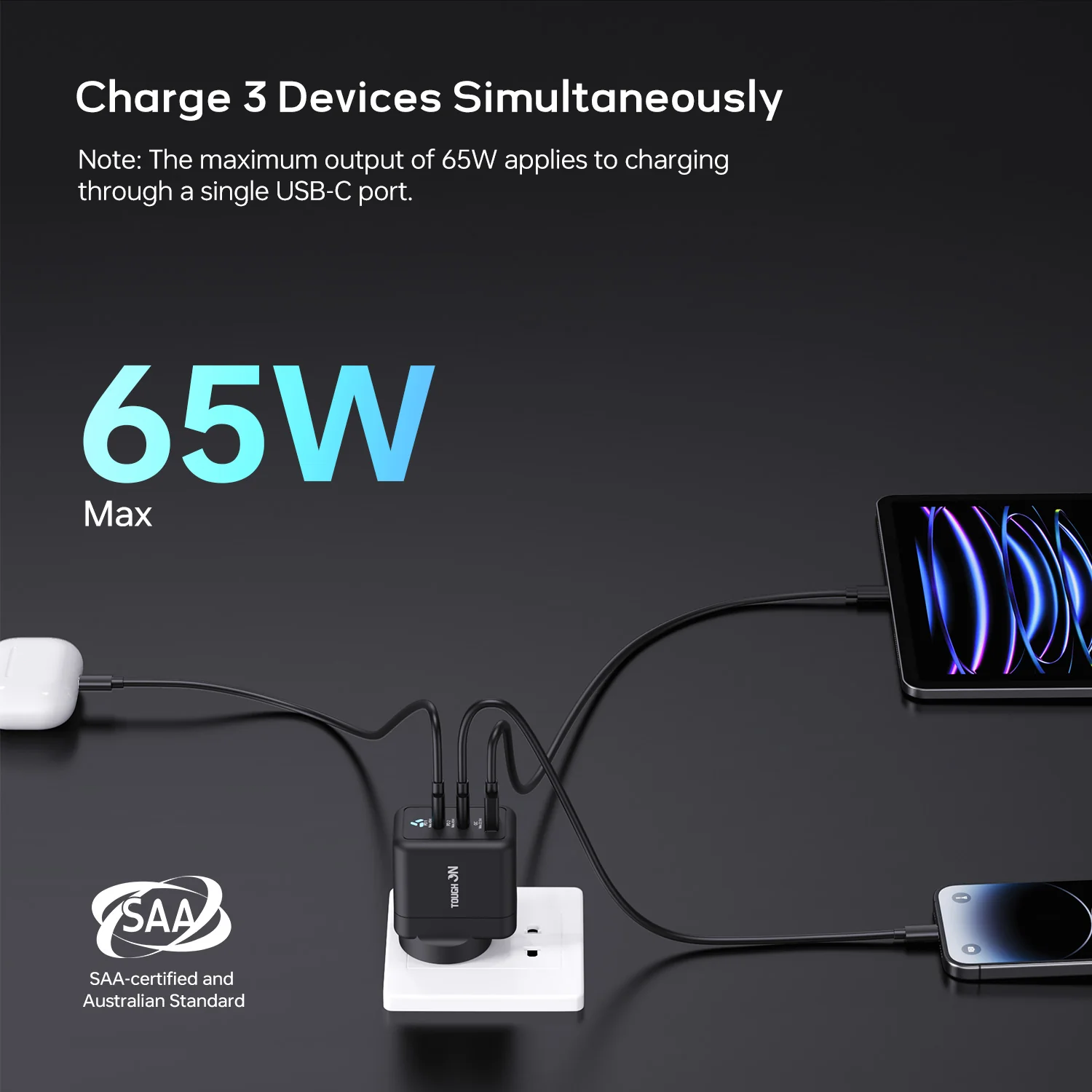Tough On 65W 3 Port PD & QC 3.0 Fast Wall Charger - Image 2