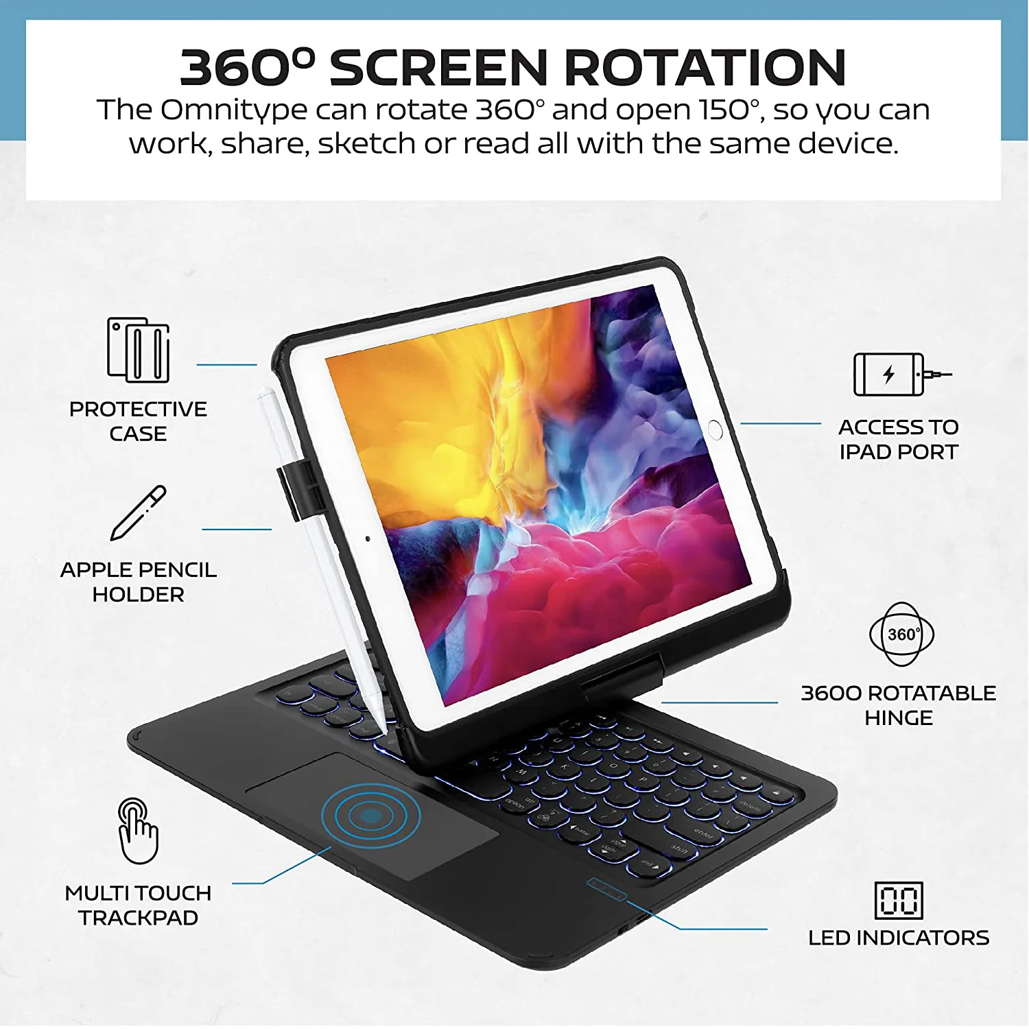 iPad Air / Air 2 9.7" Case Bluetooth Keyboard Cover Rotation Case Black - Image 5
