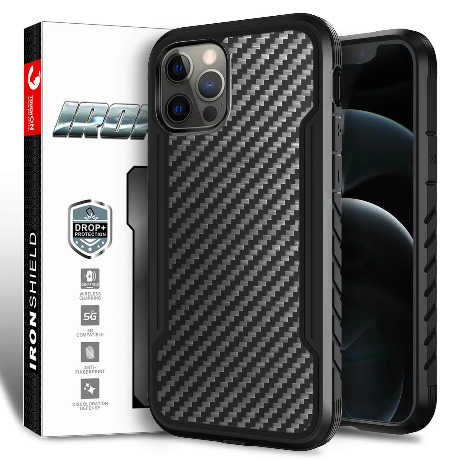Tough On iPhone 12 / 12 Pro Case Iron Shield Carbon Fiber Black - Image 8