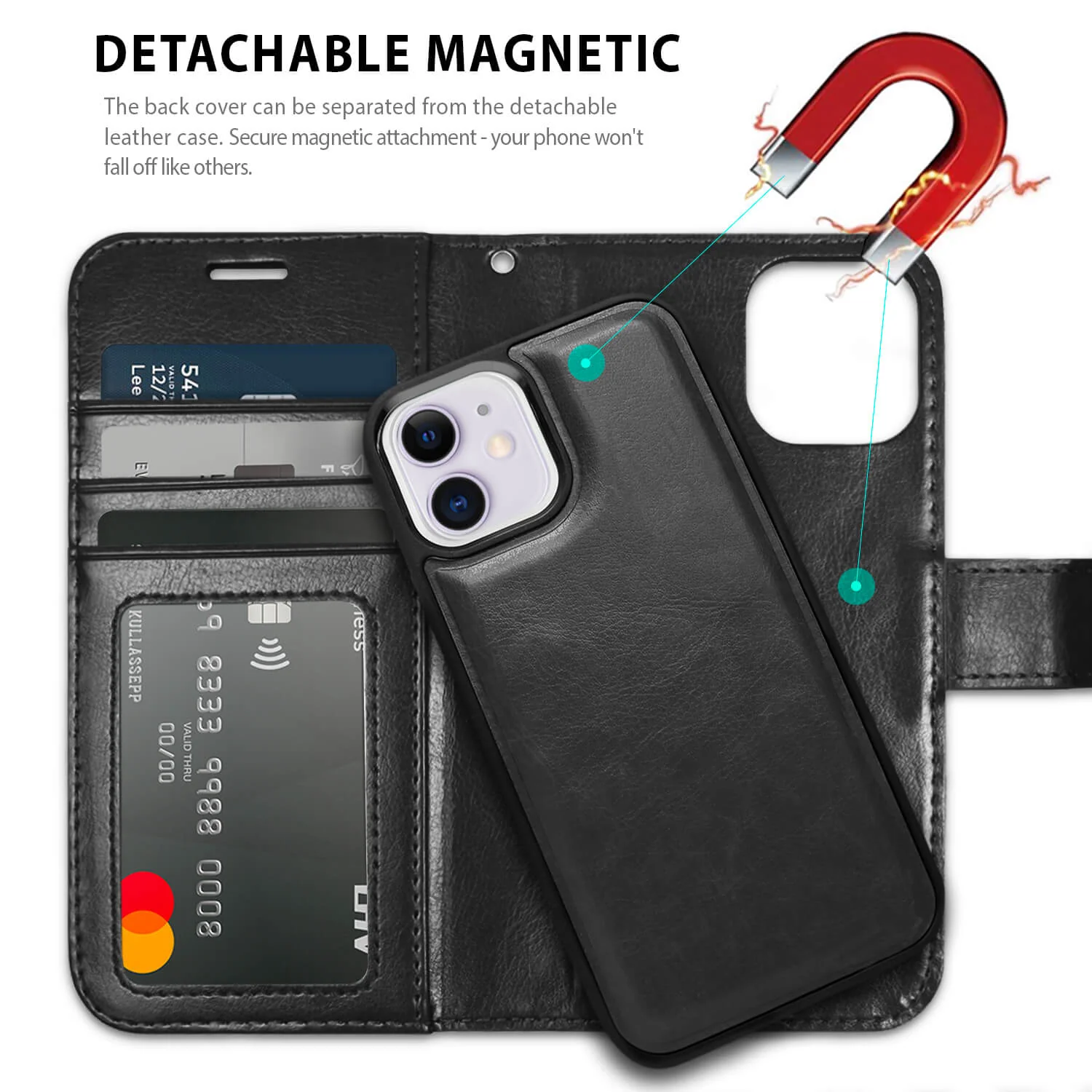 Tough On iPhone XR Case Magnetic Fine Detachable Leather Black - Image 5