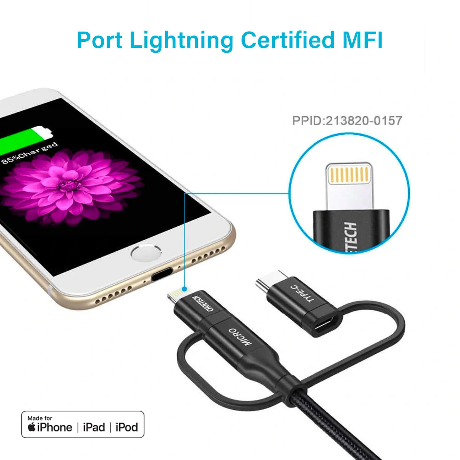 Choetech MFI Certified 3 in 1 Charging Cable Black - Image 4