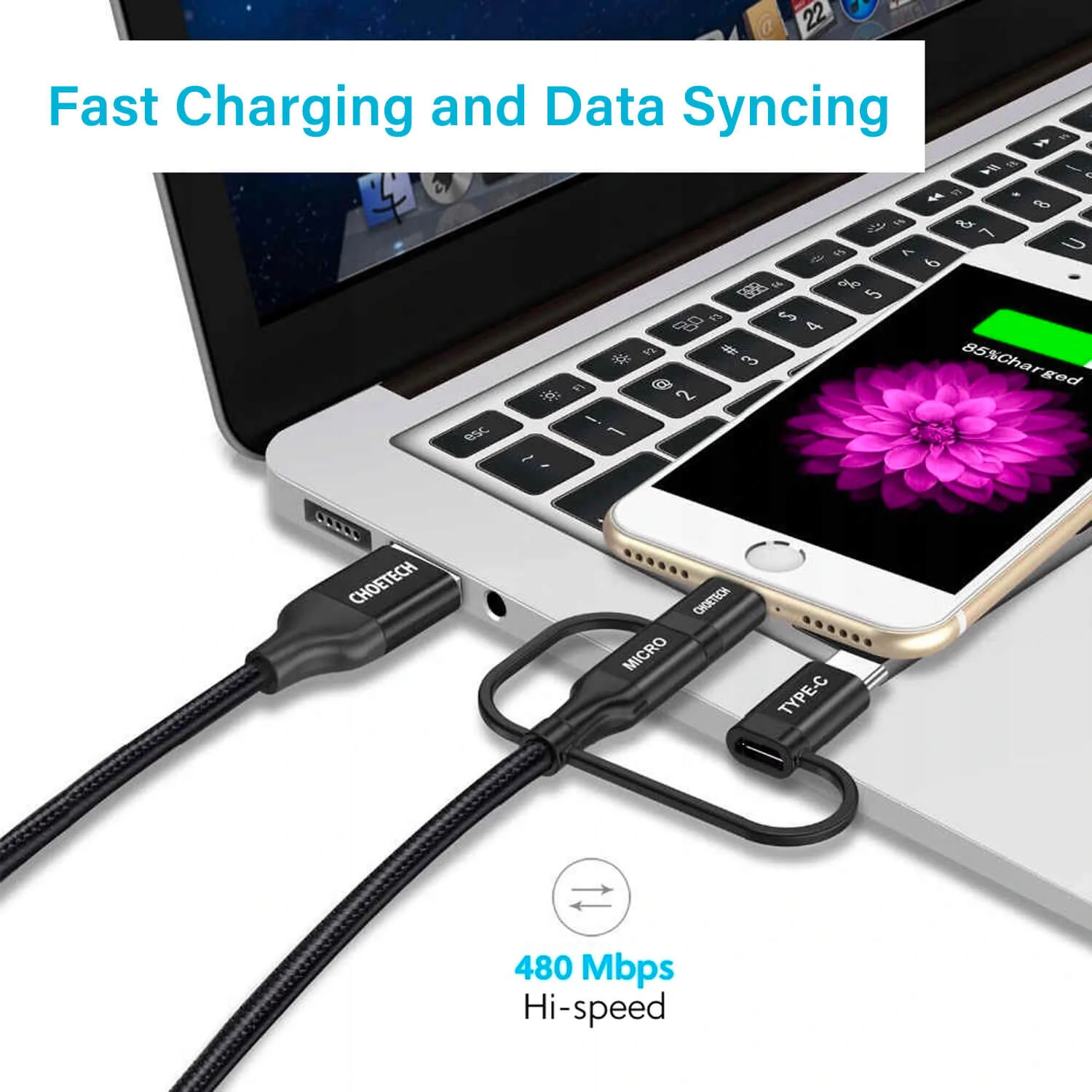 Choetech MFI Certified 3 in 1 Charging Cable Black - Image 5
