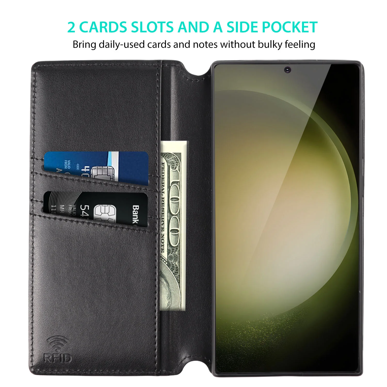 Tough On Samsung Galaxy S24 Ultra Flip Wallet Case Fine Leather Black - Image 3