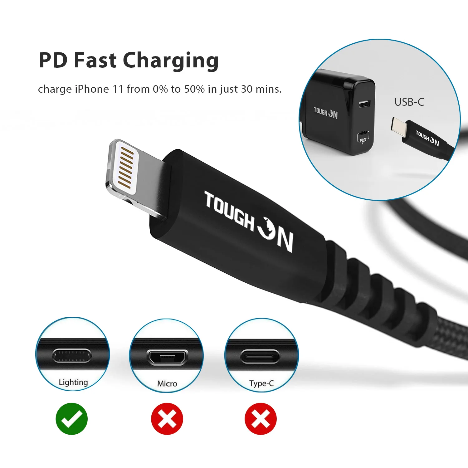 Tough on USB C to Lightning Cable 1m Black for iPhone & iPad Apple MFi Certified - Image 4
