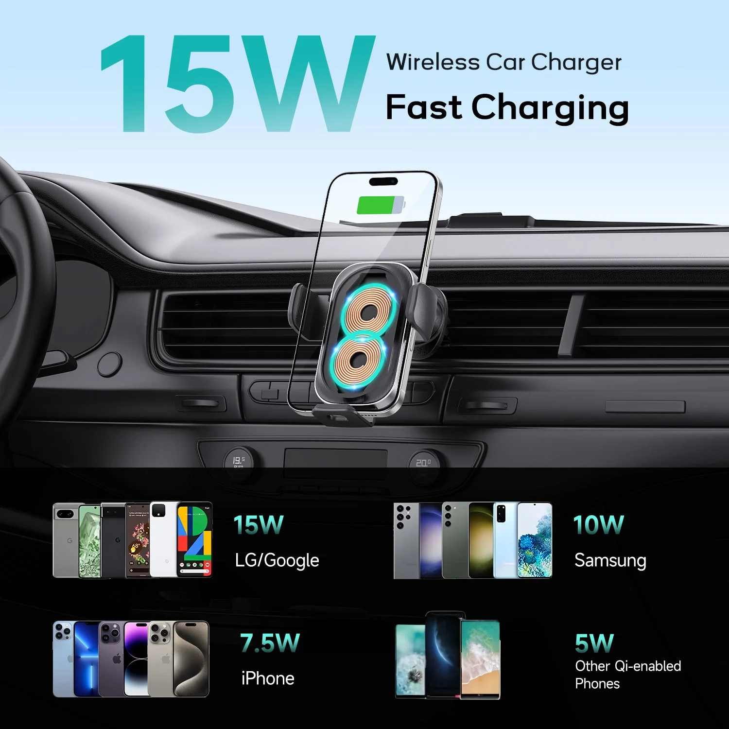 Tough On Wireless Car Charger Auto Clamping Car Phone Holder with 65W Car Adapter - Image 2