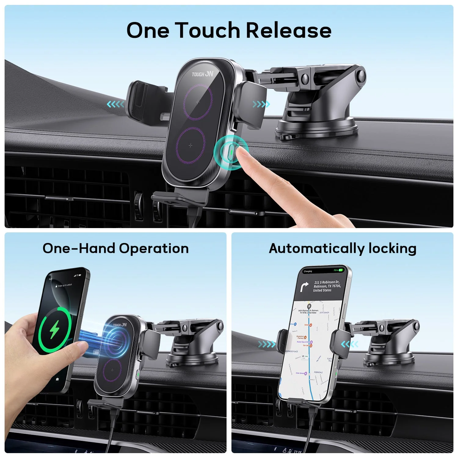 Tough On Wireless Car Charger Auto Clamping Car Phone Holder with 65W Car Adapter - Image 3